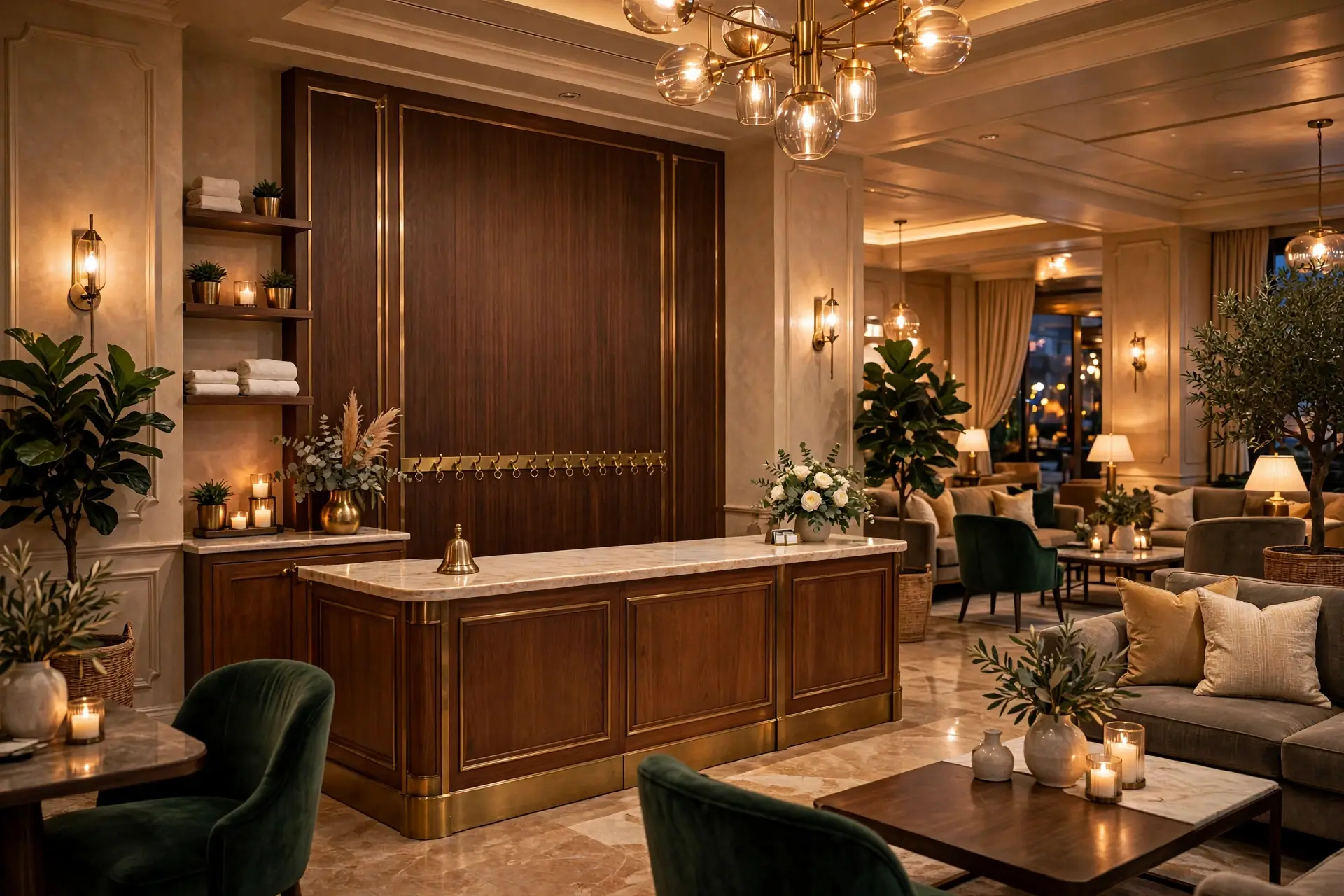 Elegant hotel reception and lobby with warm lighting