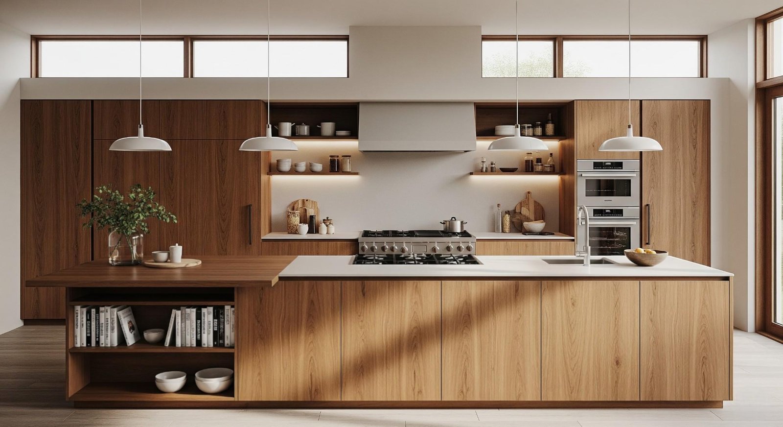 Premium modern kitchen with timber cabinetry, a stone island and integrated lighting
