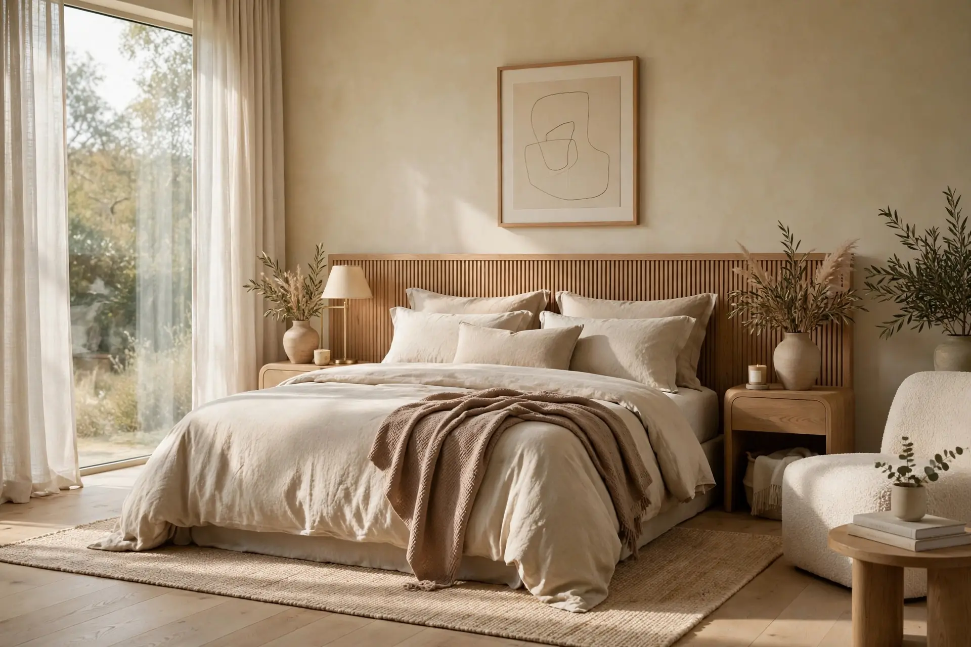 Calm contemporary bedroom design with layered lighting and fitted storage