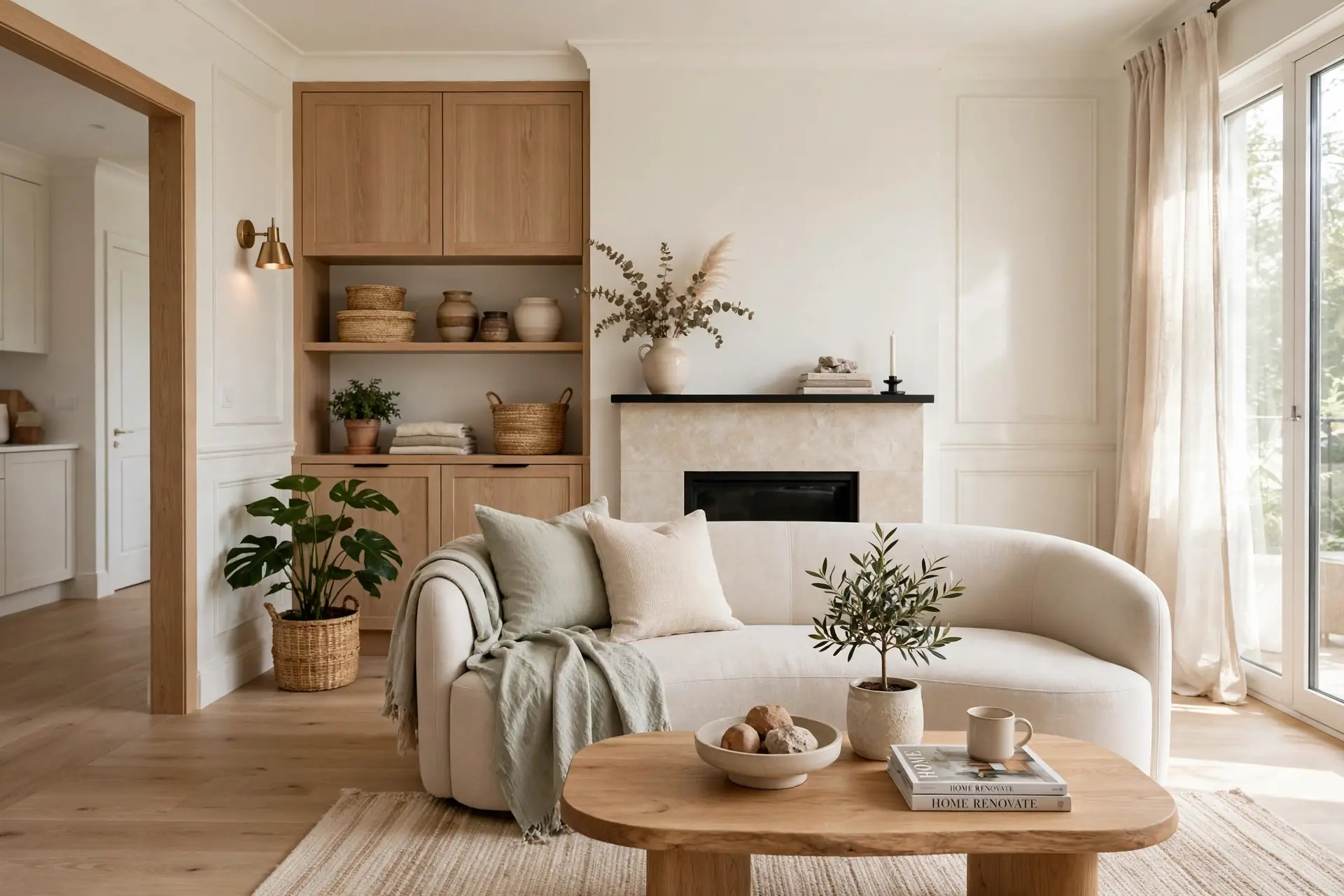 Refurbished Lahore living room with warm timber joinery and layered neutral furnishings