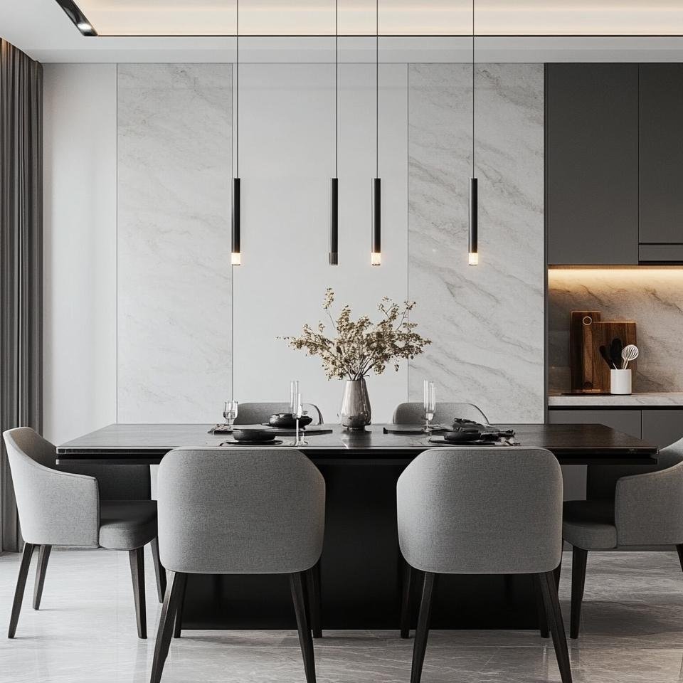 Contemporary dining room with a six-seat table and pendant lighting
