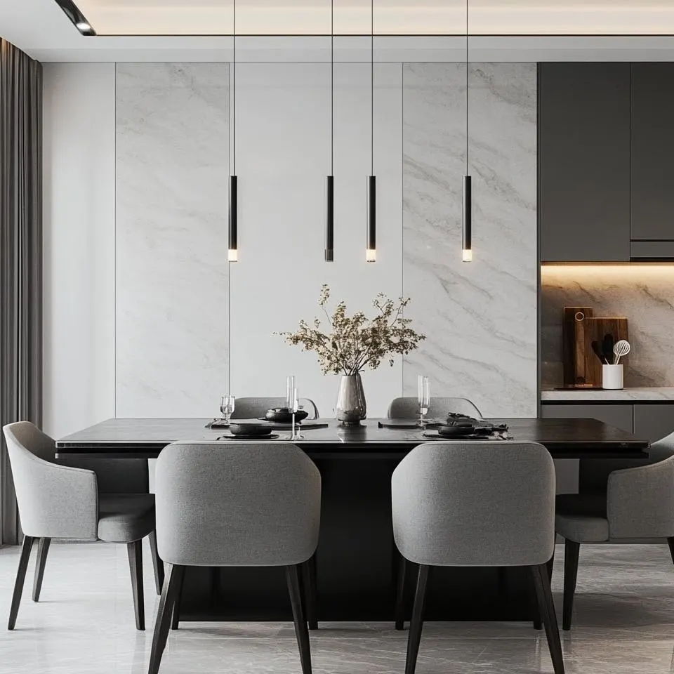 Dining room with pendant lighting next to the kitchen