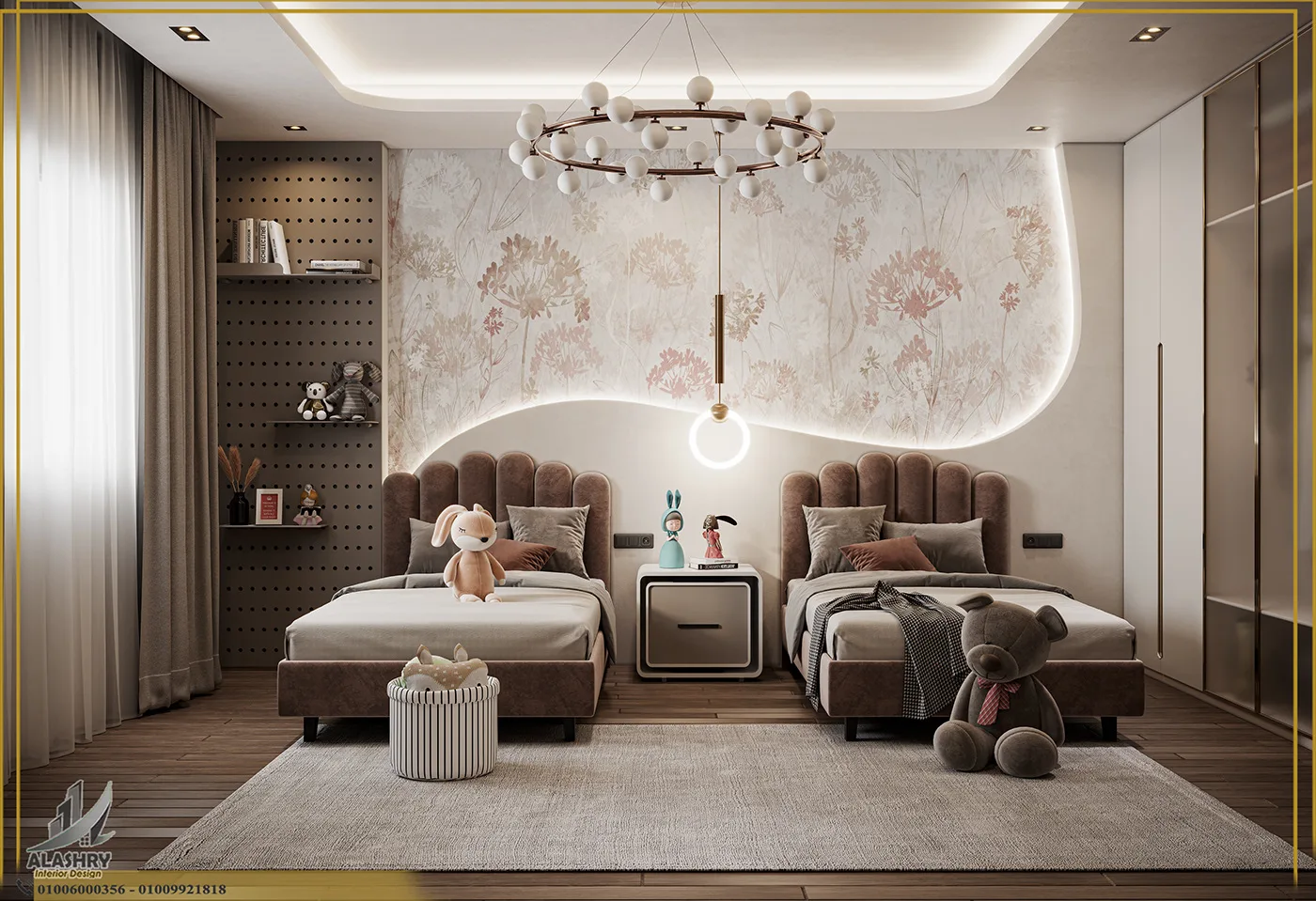 Warm modern children’s bedroom with integrated bed, play and storage areas