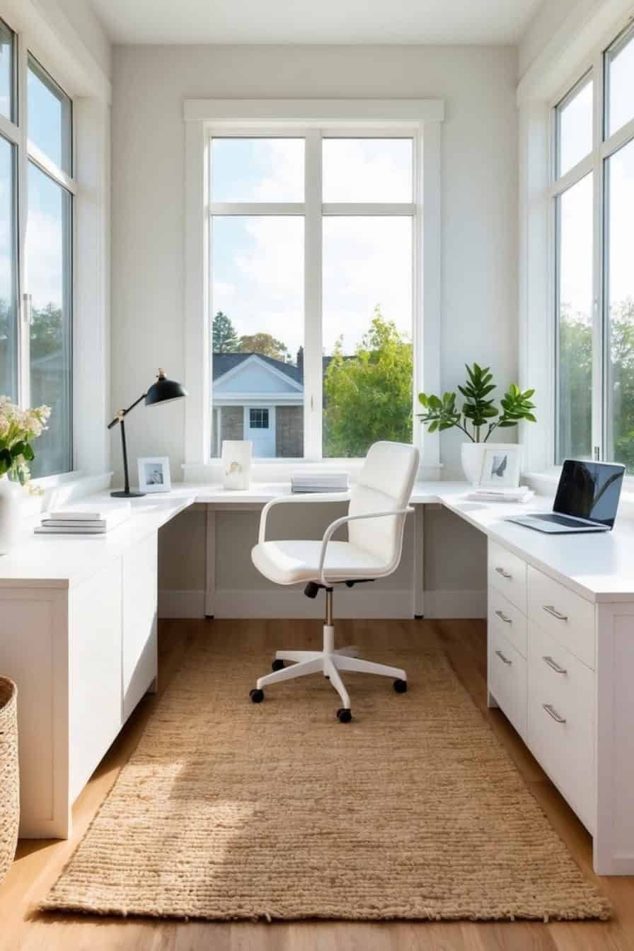 Bright dedicated home office with fitted desk, storage and task lighting