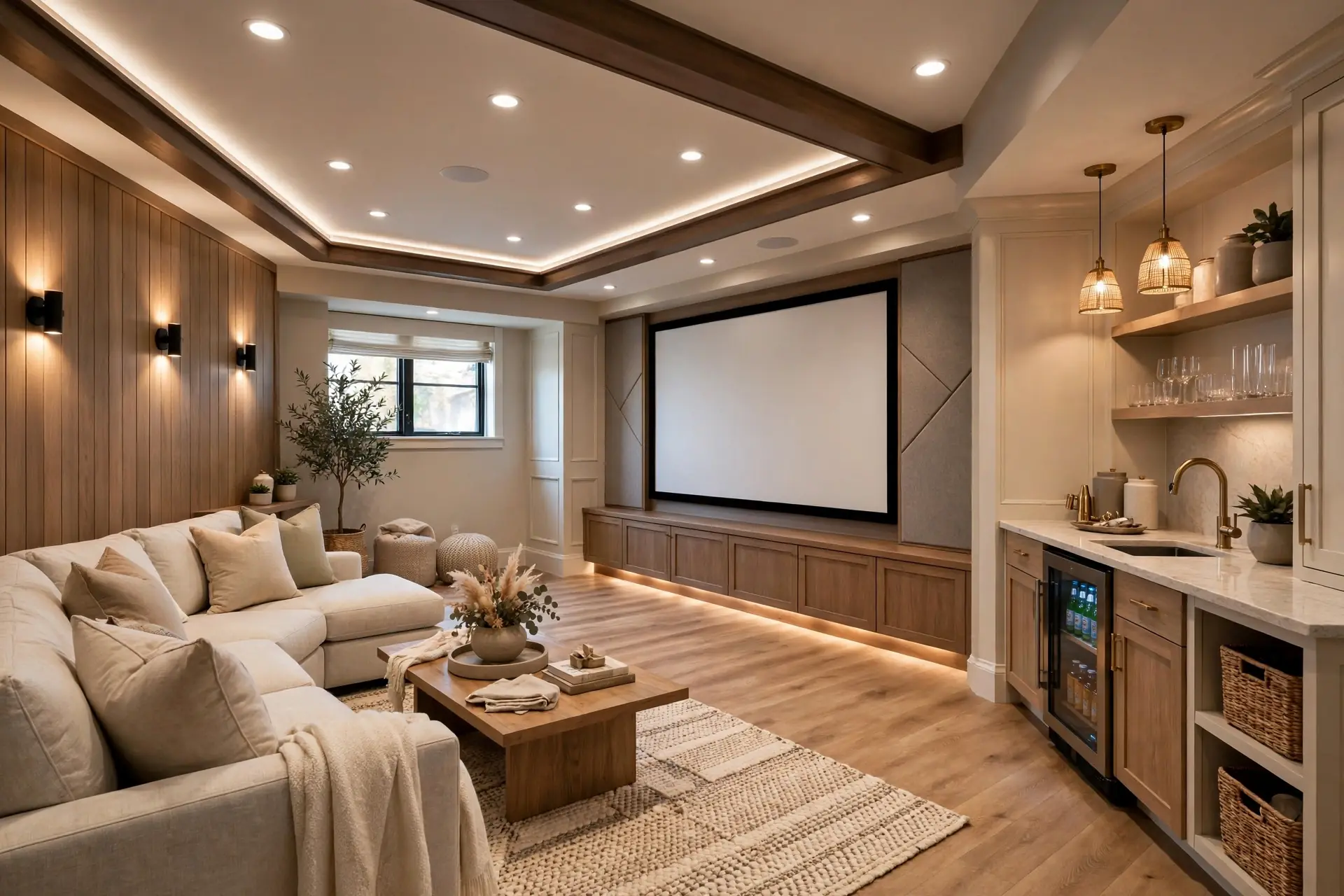 Bright basement lounge concept with home theater seating and bar area