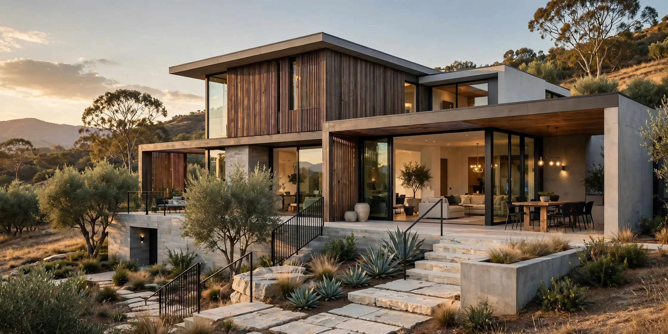 Warm contemporary living room with timber detailing and wide city views