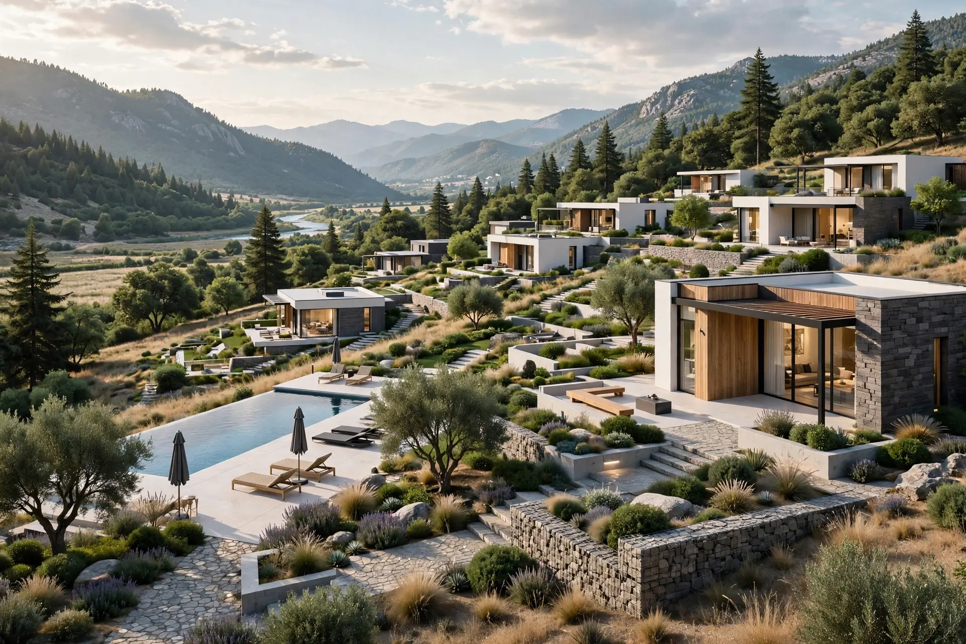 Contemporary residence exterior study at dusk
