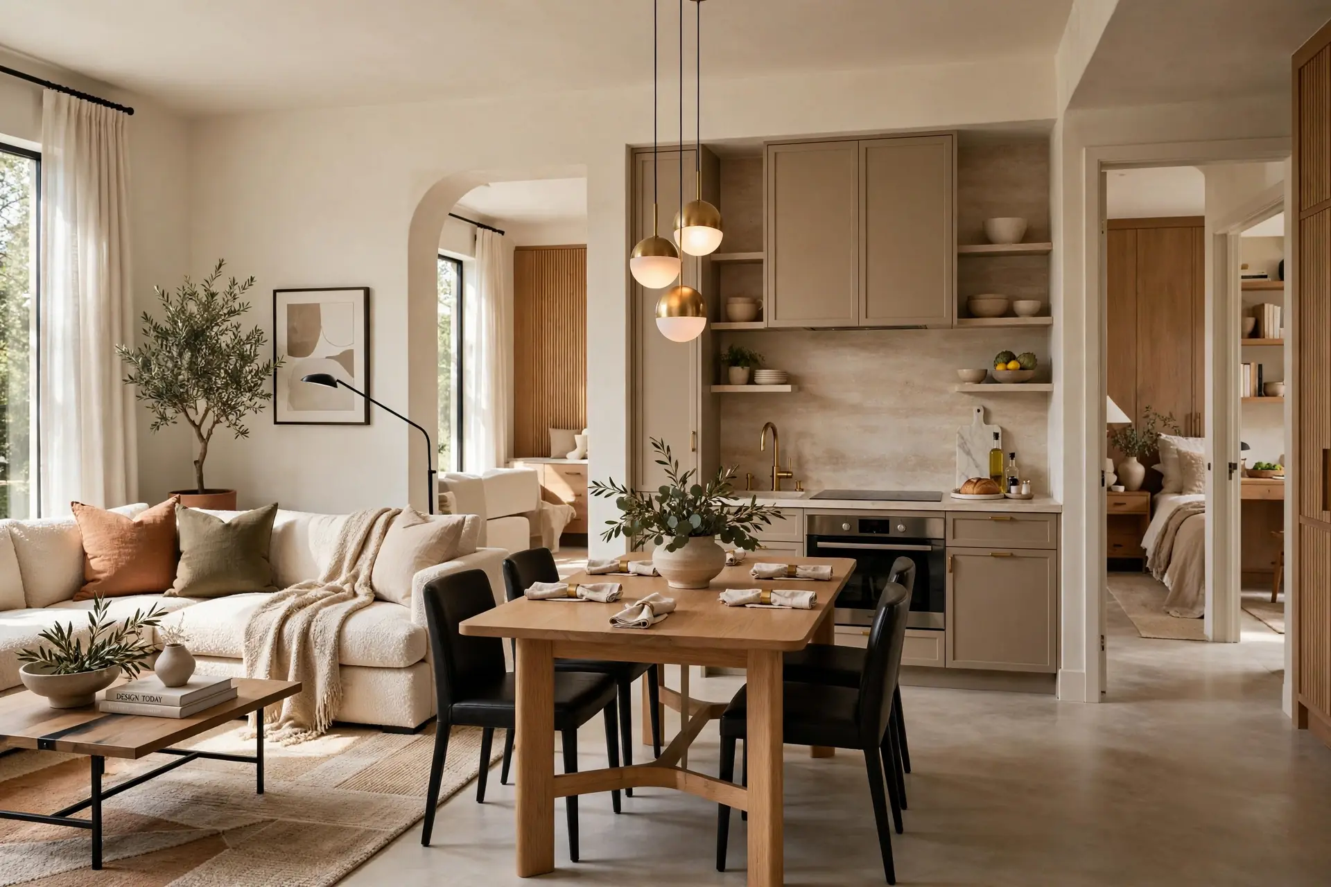 Cohesive contemporary open-plan home with living, dining and kitchen spaces