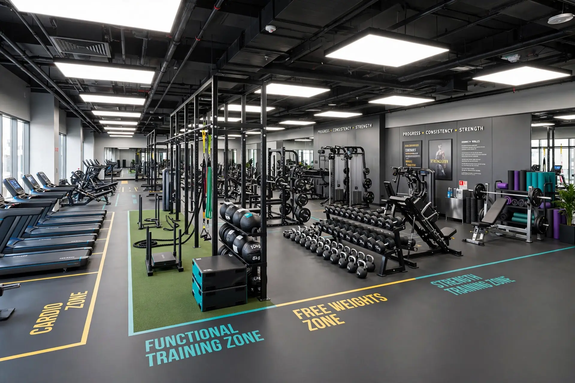 Modern gym floor with clearly defined cardio, functional training and free-weight zones under strong lighting