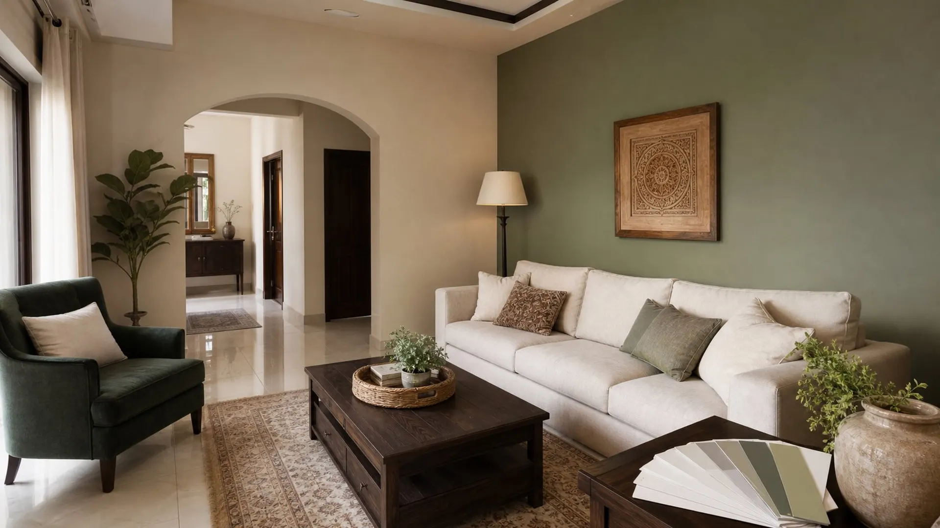 Living room with greige walls and a sage feature wall, illustrative render