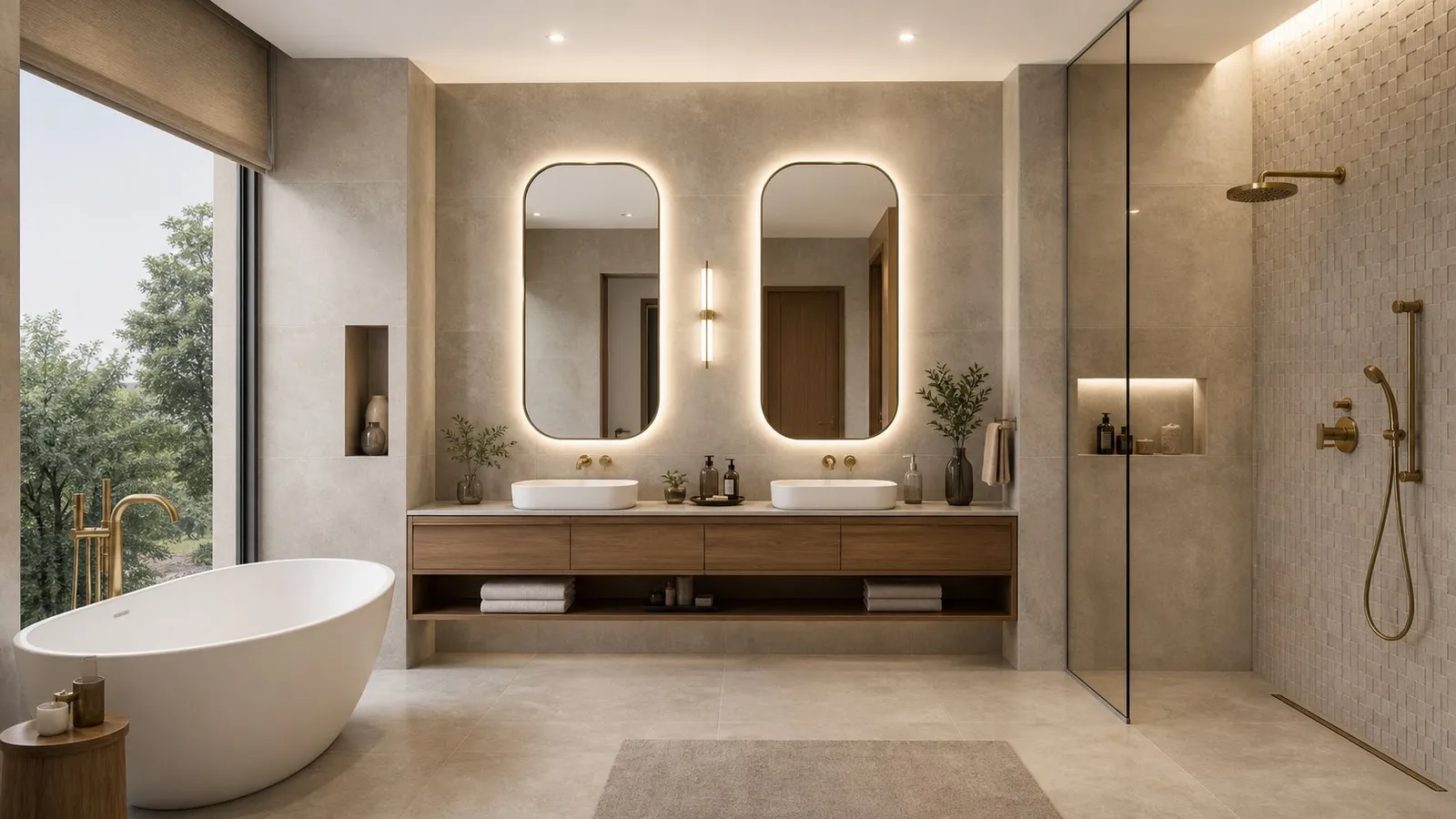Luxury master bathroom with freestanding tub and oak vanity, illustrative render