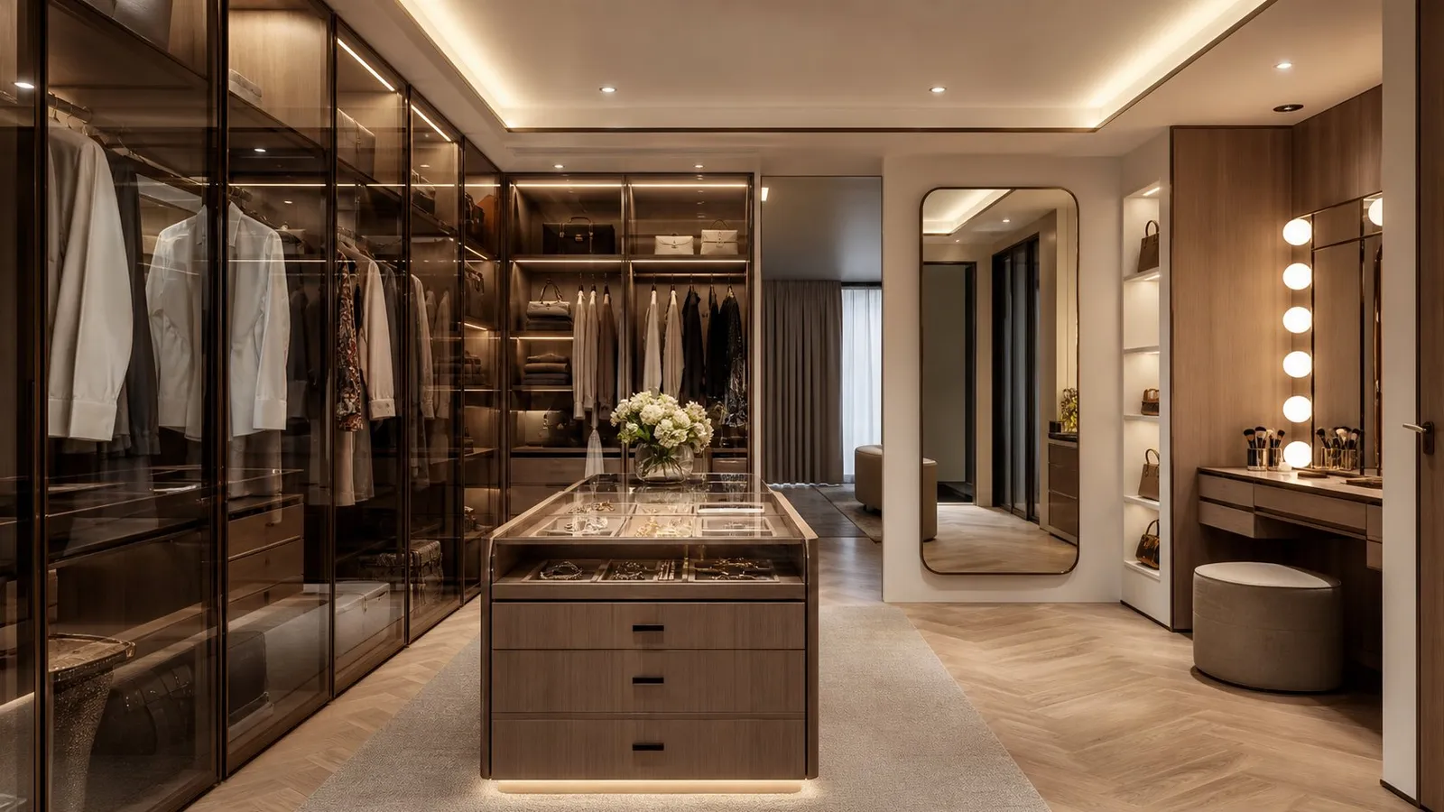 Walk-in dressing room with glass wardrobes, island and vanity, illustrative render