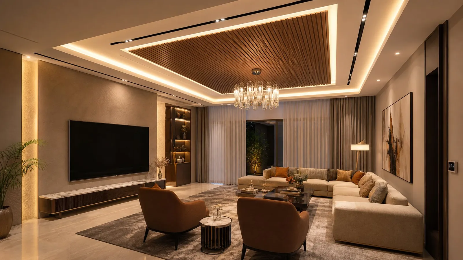 Layered gypsum false ceiling with cove lighting and timber inlay, illustrative render