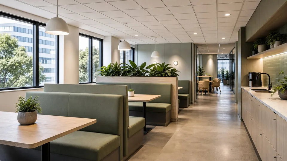 Renovated office breakout area with green booths, illustrative render