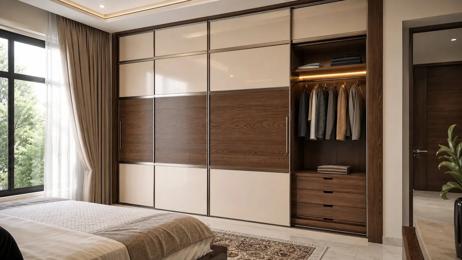 Floor-to-ceiling walnut and cream built-in wardrobe, illustrative render